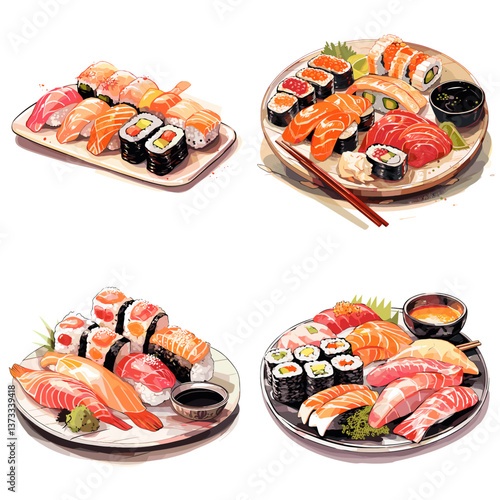 Assorted sushi platters with fresh sashimi, nigiri, and maki rolls served with soy sauce, wasabi, and chopsticks, perfect for Japanese cuisine lovers and seafood fans.

