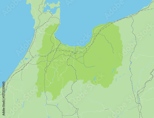 日本の富山県と隣接する都道府県を含む、シンプルな緑色のロードマップ