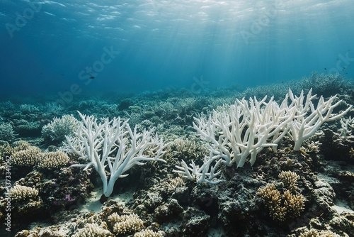 Fototapeta Naklejka Na Ścianę i Meble -  Expresses grief and concern over death and deterioration of a coral reef highlighting pale and devoid structures as well as pressing need to tackle decline of coral reefs and climate change