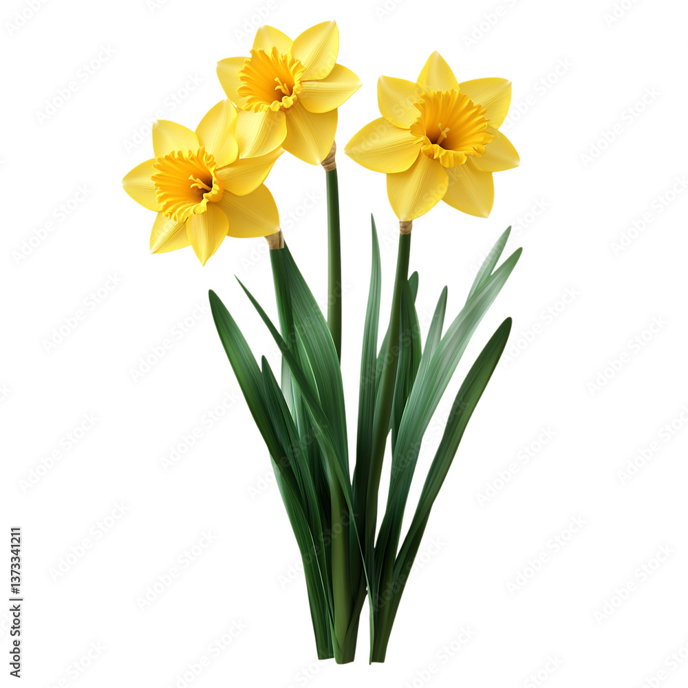 A 3D Vibrant Daffodil Plant with Large Bright Yellow Isolated on Transparent Background A 3D Vibrant Daffodil Plant with Large Bright Yellow Isolated on Transparent Background