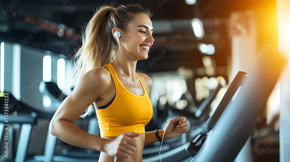 Fototapeta premium Energetic young woman running on treadmill at a modern gym fitness enthusiasm indoor environment motivational concept