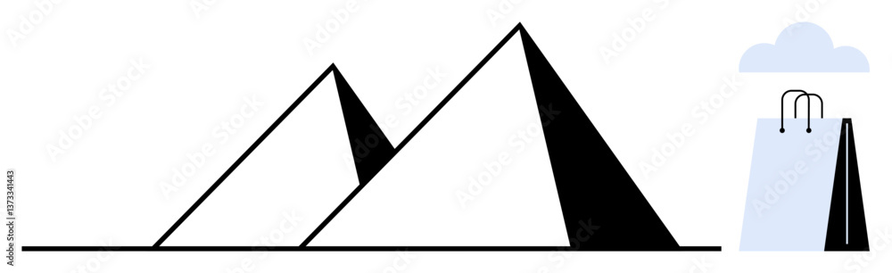 Black and white pyramids next to a shopping bag and cloud. Ideal for travel, commerce, architecture, exploration, minimalism, adventure, creativity. Simple flat metaphor Black and white pyramids next to a shopping bag and cloud. Ideal for travel, commerce, architecture, exploration, minimalism, adventure, creativity. Simple flat metaphor