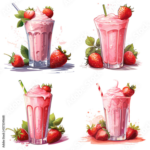 Set of pink strawberry milkshakes with whipped cream and fresh strawberries in tall glasses, isolated on white background. Ideal for beverage ads, dessert menus, and summer designs.

