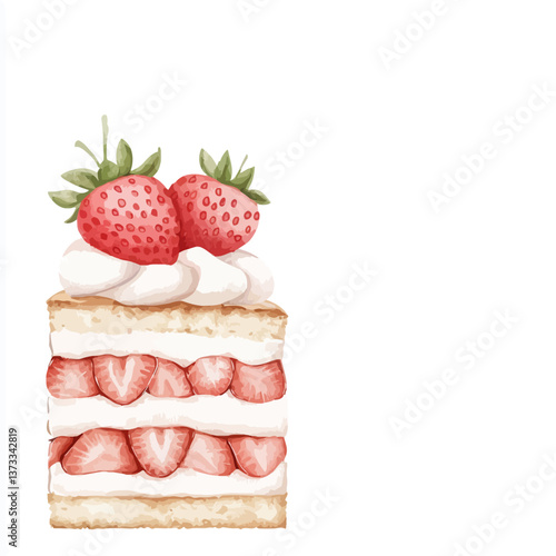 Strawberry Cake Delight: A watercolor painting of a layered strawberry shortcake, topped with fresh strawberries and whipped cream, showcasing culinary artistry and the tempting allure of sweets. 