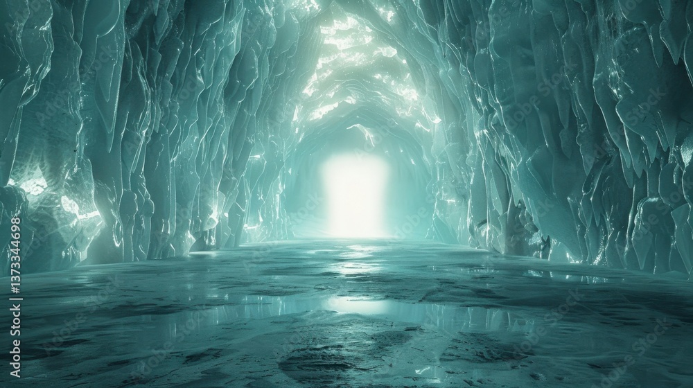 Obraz premium Ice Cave: A 3D ice cave with soft lighting, translucent ice walls, and shimmering reflections, creating a fantastical, otherworldly frozen landscape. 