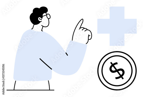 Individual pointing upward toward a health cross and a dollar coin, signifying the intersection of healthcare and financial planning. Ideal for insurance, healthcare access, finance, medical costs