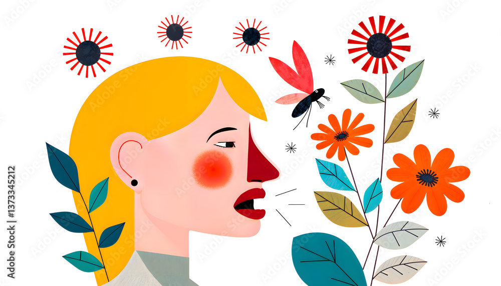 Woman reacting to spring pollen allergy with irritated expression, surrounded by blooming flowers and flying insect, flat vector illustration with warm tones