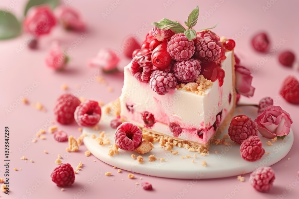 Elegant Raspberry Mousse Cake with Mint and Flowers Elegant Raspberry Mousse Cake with Mint and Flowers