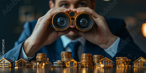 investment Real Estate vision forecast in world economy concept businessman Put on a suit trader look through binocular