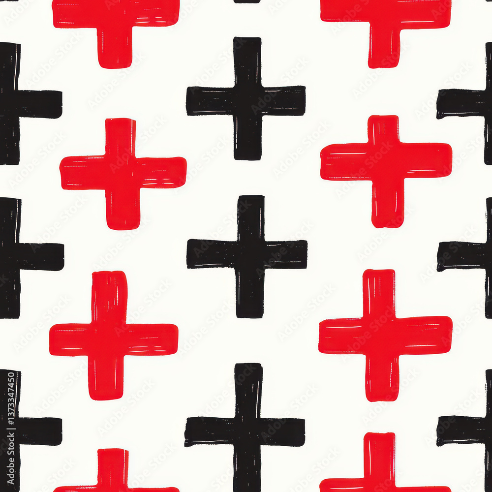 Obraz premium Bold red and black cross pattern on white background, creating seamless abstract design