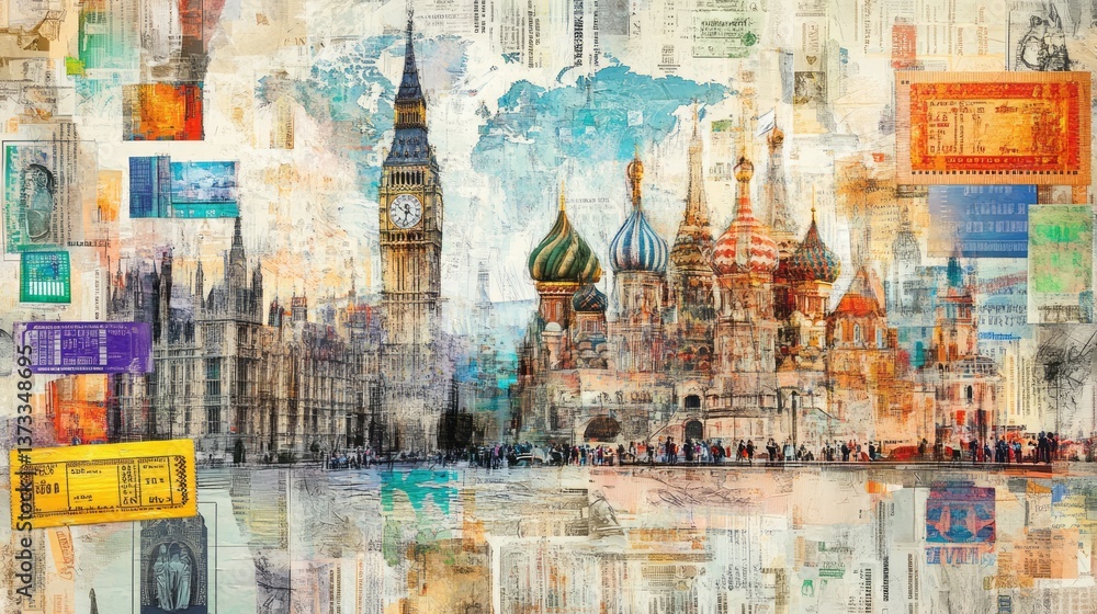 Fototapeta premium Vibrant collage showcasing world landmarks and travel ephemera seamlessly blended