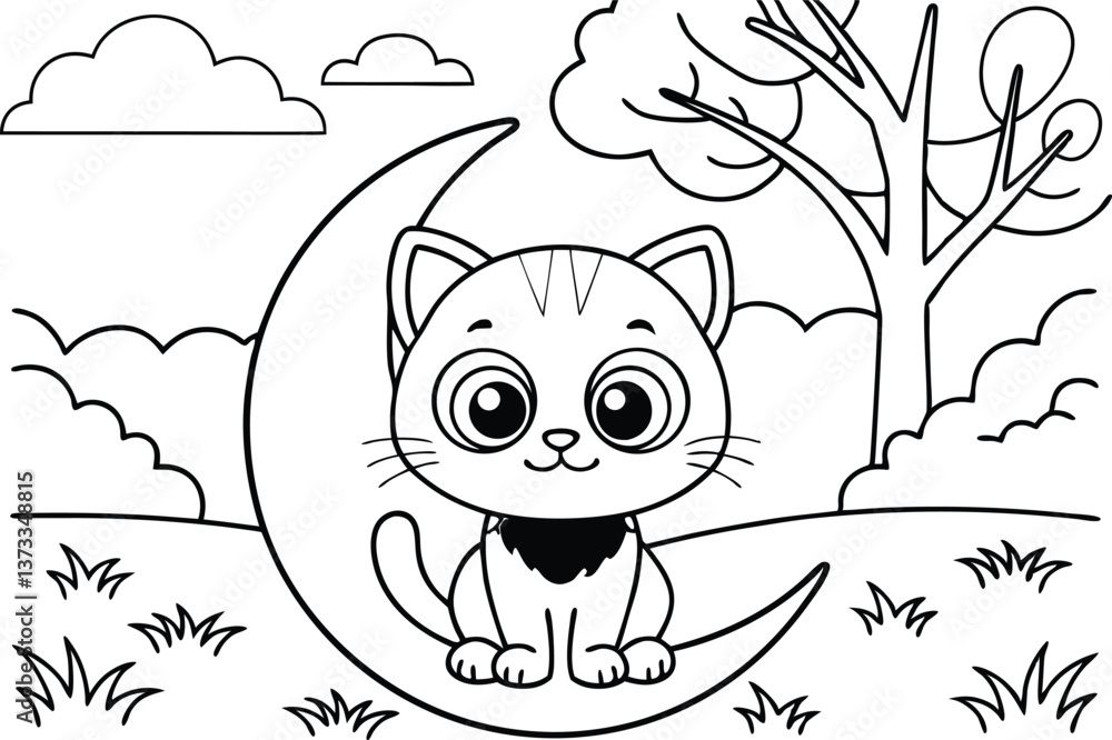 Fototapeta premium Line art of Cute Cartoon Cat Sitting on Crescent Moon with Tree and Clouds