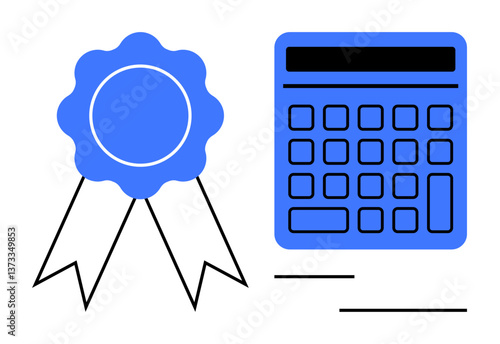 Award ribbon next to calculator emphasizing achievement and precise calculations. Ideal for finance, accounting, success, evaluation, certification, education, productivity. Modern flat simple