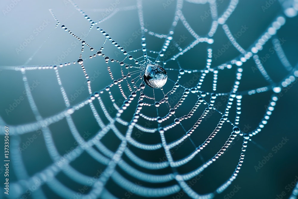 Naklejka premium Highlights detailed craftsmanship of a spiderweb embellished with a droplet of dew displaying delicate threads shimmering droplet and harmonious partnership between spider and its environment