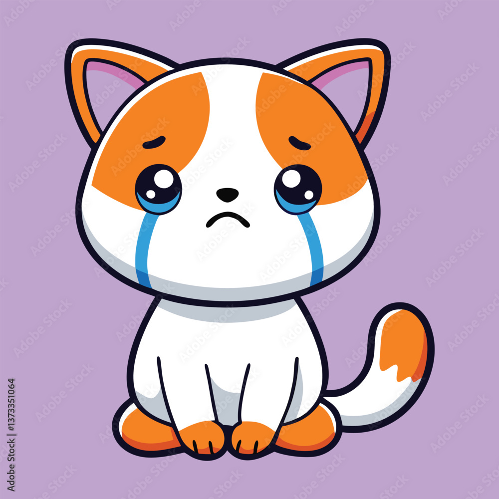 Fototapeta premium Sad Kitten Crying Cute Cat Cartoon Art Illustration Vector Design