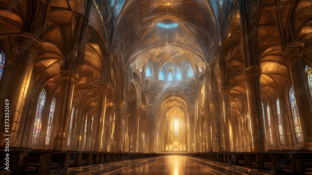 Fototapeta premium A colossal golden cathedral, its spires piercing the heavens. 