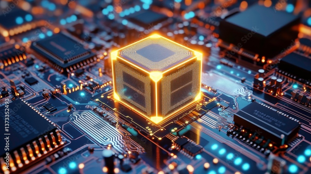 Fototapeta premium Glowing CPU Cube on Circuit Board - AI and Machine Learning