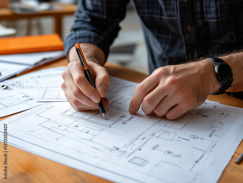 man is focused on drawing action plan on blueprint, showcasing his attention to detail and creativity. workspace is organized with various tools and materials man is focused on drawing action plan on blueprint, showcasing his attention to detail and creativity. workspace is organized with various tools and materials
