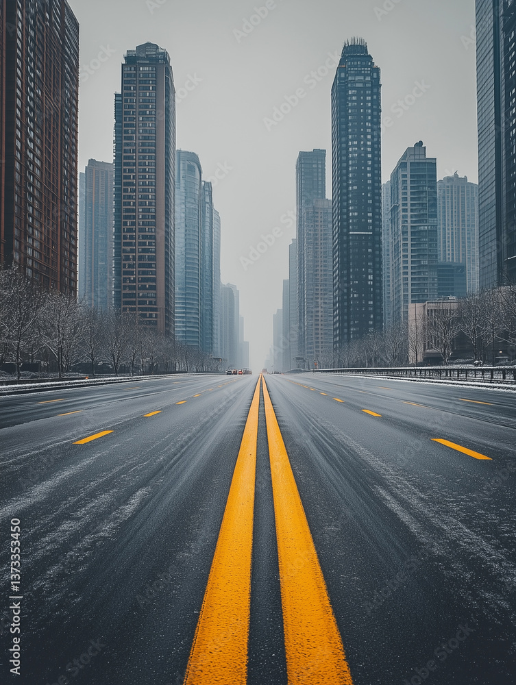 Obraz premium wide road stretches through modern cityscape, flanked by tall skyscrapers under foggy sky. yellow lines on asphalt lead eye into distance, creating sense of depth and perspective