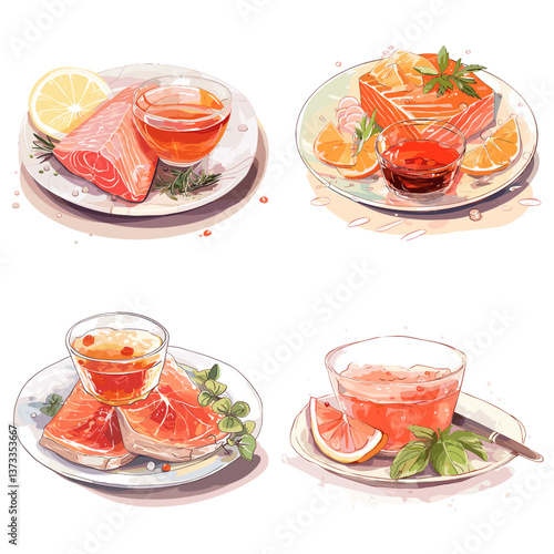 Set of fresh salmon dishes with citrus fruits, herbs, and sauce in elegant plating, isolated on white background. Perfect for seafood menus, healthy food visuals, and culinary design.

