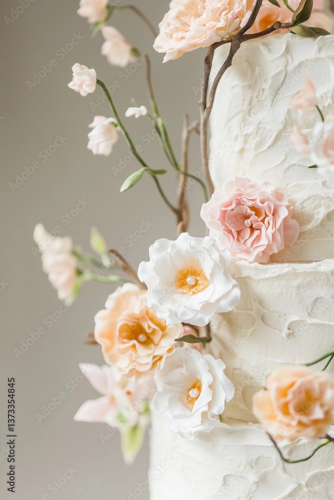 Beautiful layered cake decorated with delicate flowers in pastel colors for a special celebration Beautiful layered cake decorated with delicate flowers in pastel colors for a special celebration