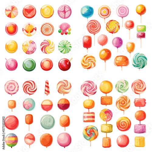 Bright collection of assorted lollipops and candies in various shapes, colors, and patterns, isolated on white background. Ideal for sweets packaging, kids’ designs, and illustrations.

