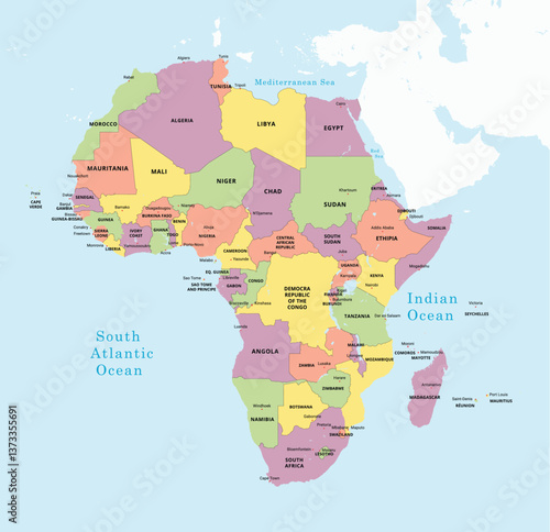 Colored Map of Africa with Country Names and Capital Cities
