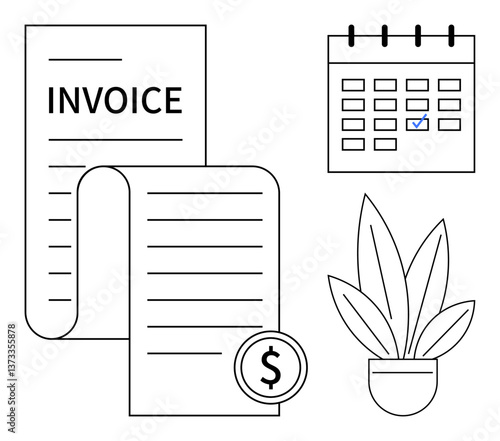 Invoice document with dollar sign, calendar with checked date, and potted plant. Ideal for accounting, financial planning, business organization, payment tracking, scheduling, budgeting office decor