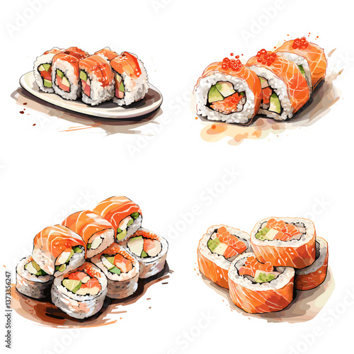 Delicious set of salmon sushi rolls with rice, avocado, cucumber, and fish roe, isolated on white background. Perfect for Japanese food, menu design, and culinary content.


