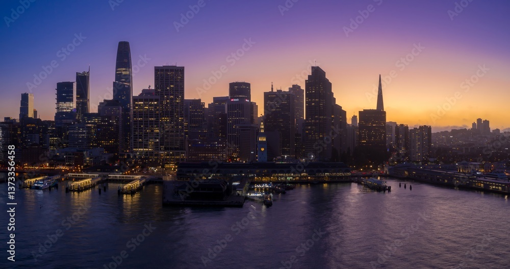 Fototapeta premium San Francisco's skyline is silhouetted against a vibrant sunset sky in the United States. The city's iconic buildings stand tall, creating a dramatic and captivating urban landscape.