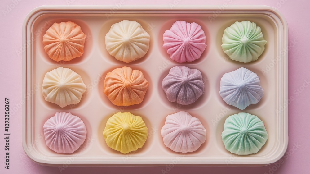 Neatly Arranged Pastel Wagashi Sweets on Cream Ceramic Tray Neatly Arranged Pastel Wagashi Sweets on Cream Ceramic Tray