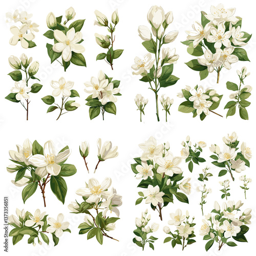 Collection of white jasmine flowers and green leaves in various arrangements, isolated on white background. Perfect for botanical design, floral art, and nature-themed projects.


