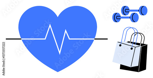 Blue heartbeat symbol with a pulse line, pair of blue dumbbells, black and white shopping bags. Ideal for health, fitness, shopping, lifestyle, well-being commerce motivation. Abstract line flat