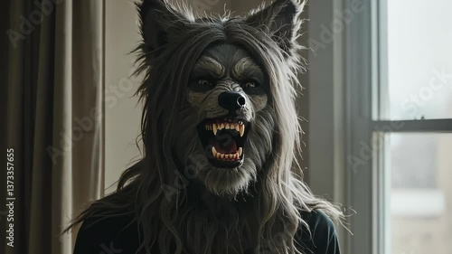 Werewolf Mask: A close-up shot of a person wearing a realistic werewolf mask, complete with menacing fangs and intense gaze, evokes a sense of Halloween mystery and horror.