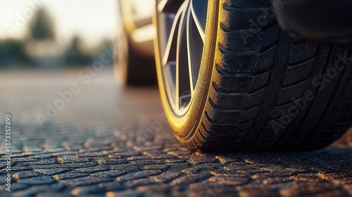 brand-new car tire, showcasing its deep treads and robust rubber design, set against a clean, smooth road.