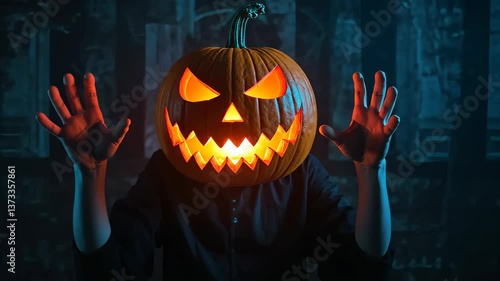 The Spirit of Halloween: A person embodies the spooky spirit of Halloween, with a carved jack-o'-lantern head radiating an eerie glow, their hands outstretched in a gesture of haunting.