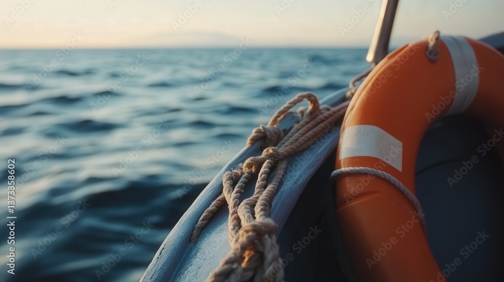 Fototapeta premium lifebuoy securely fastened to the side of a boat, with the sea in the background, showing details of the rope and the boat's surface