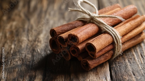 cinnamon sticks tied together with twine, placed on a rustic, weathered surface.
