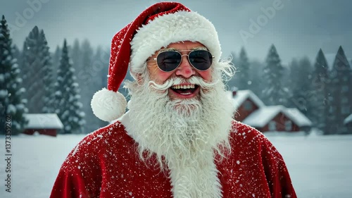 Santa's Cool Yule: Santa Claus, donned in shades, radiates joy against a winter wonderland backdrop, with snow and pine trees creating a magical scene, capturing a holiday spirit.