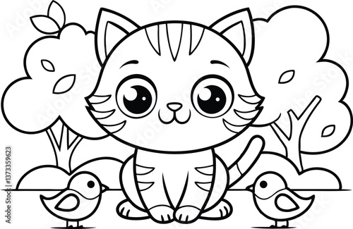 Cartoon Cat Outline With Birds and Trees On Transparent Background, Kawaii Style