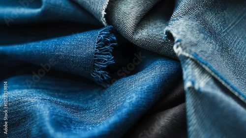 Textured denim fabric showcasing various shades of blue, highlighting intricate weaves and edges in natural light