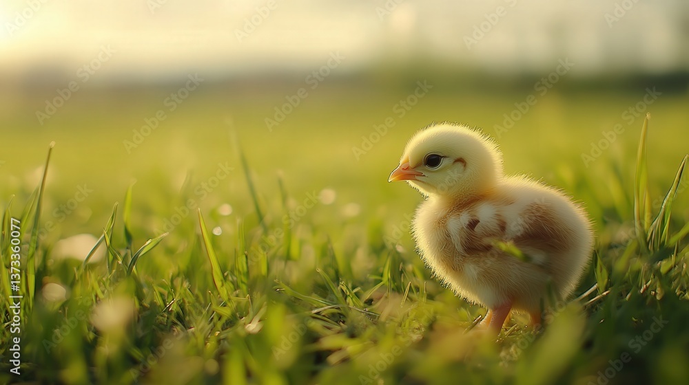 chick foraging on the grass of a farm, the peaceful countryside and wide, open fields creating a serene atmosphere chick foraging on the grass of a farm, the peaceful countryside and wide, open fields creating a serene atmosphere
