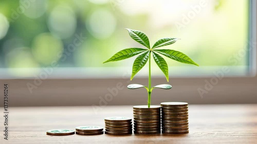 Growth and Investment: A budding plant sprouts from a growing stack of coins, symbolizing financial growth, investment, and prosperity in a beautifully composed image.