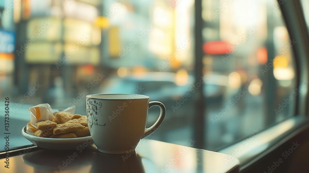 coffee cup placed near snacks in the Sindorera car, with subtle reflections of a bustling city street outside the window. coffee cup placed near snacks in the Sindorera car, with subtle reflections of a bustling city street outside the window.