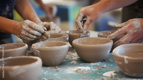 Group of friends trying a pottery class together to create handmade keepsakes
