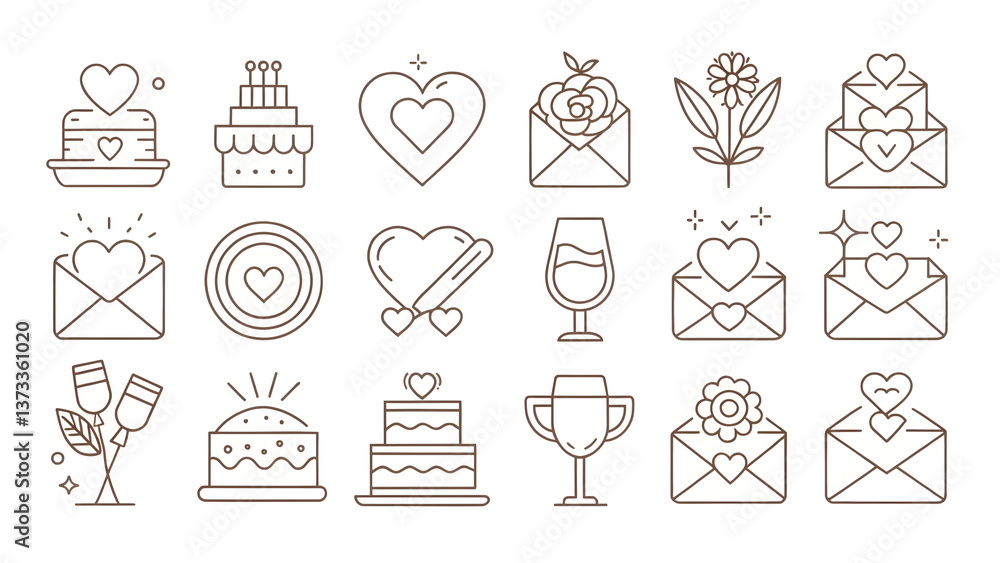 Collection of various line art icons featuring hearts cakes envelopes and celebratory elements design Collection of various line art icons featuring hearts cakes envelopes and celebratory elements design