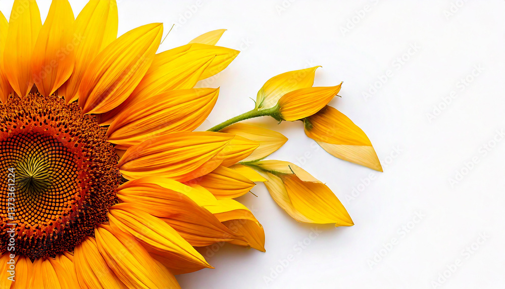 Obraz premium A bright sunflower with vivid yellow petals, isolated on a white background for nature and sustainability themes