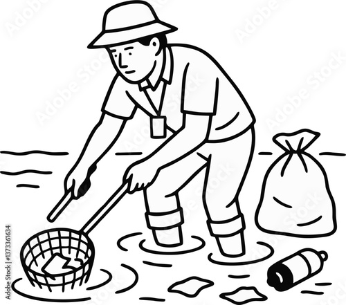 Man cleaning plastic waste from river water line art illustration, environmental volunteer and ecology conservation concept