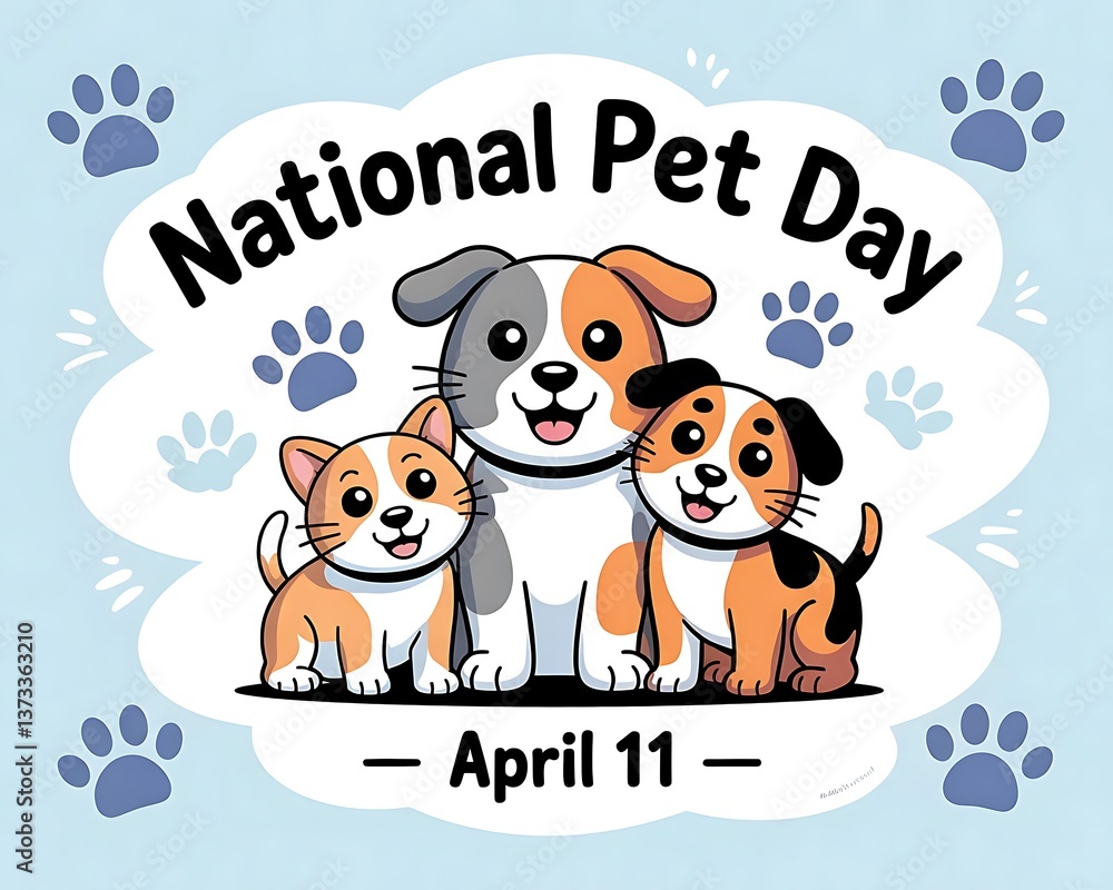 Fototapeta premium Cute cartoon dogs and cat celebrate National Pet Day on April 11th