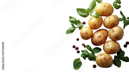 Fresh potatoes on a white background, flat lay